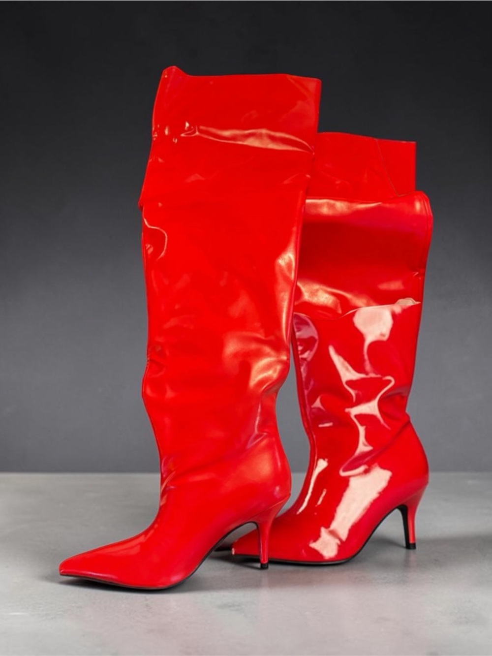 Red Patent Knee-High Stiletto Boots